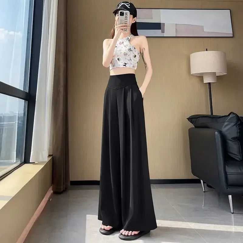 Women's High Waist Wide Leg Suit Pants - Straight Cut Floor Length Trousers