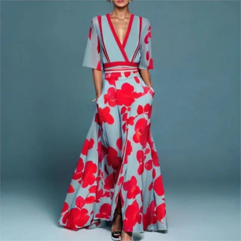 V-Neck Short Sleeve A-Line Maxi Dress – Casual Spring/Summer Wear