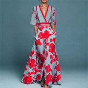 V-Neck Short Sleeve A-Line Maxi Dress – Casual Flowy Print Dress