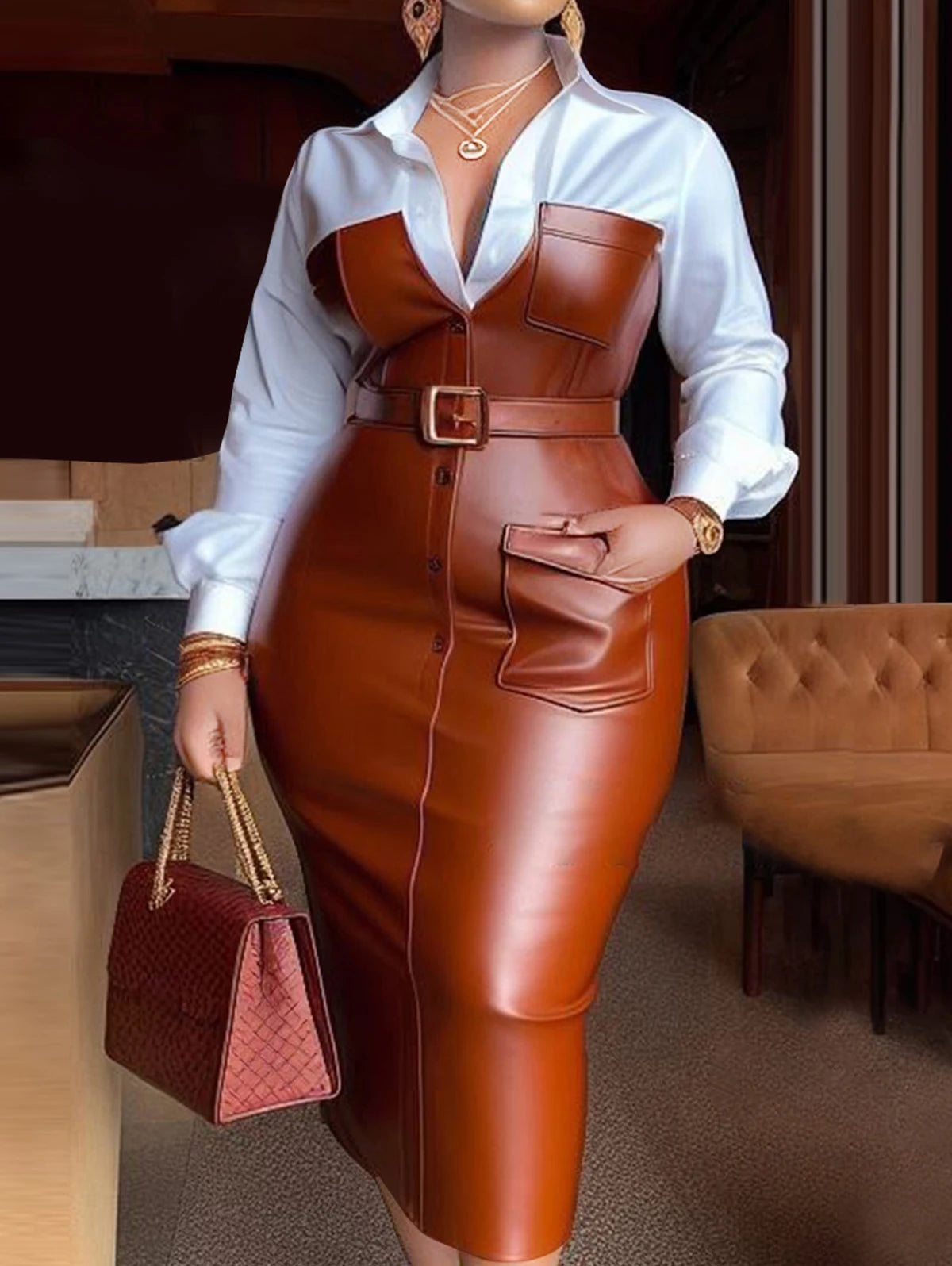 Faux Leather Patchwork Mid-Calf Dress – Belted Shirt Style