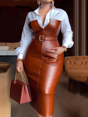 Faux Leather Patchwork Mid-Calf Dress – Belted Shirt Style