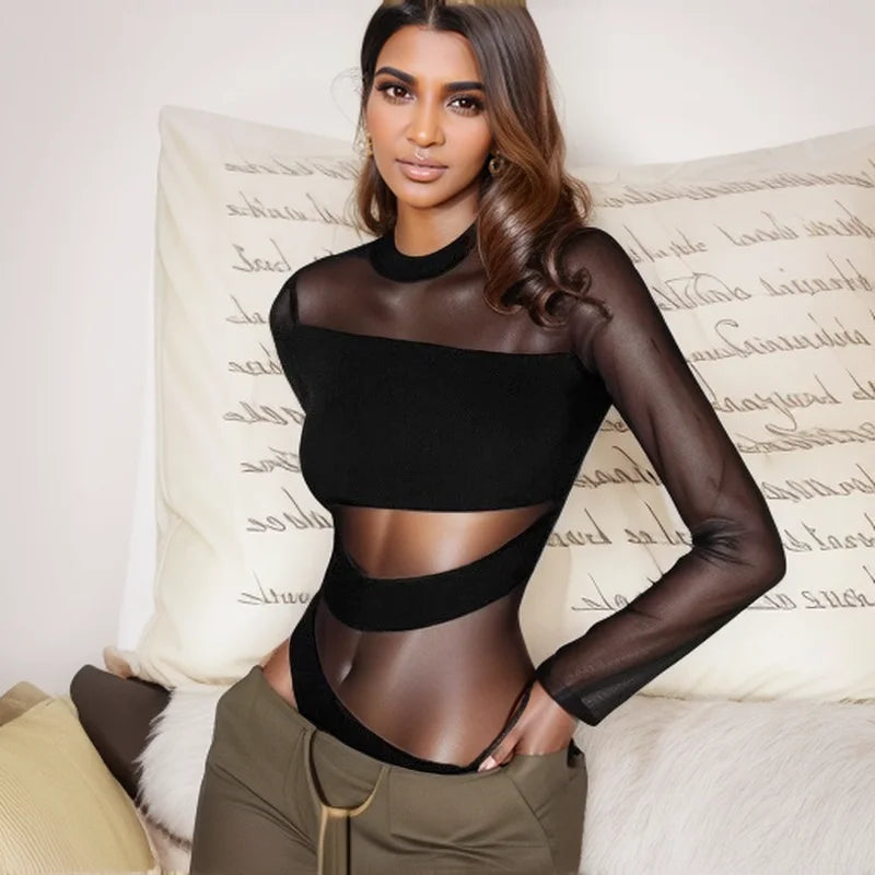 Mesh Long-Sleeve Round-Neck Jumpsuit | OWNLUXE