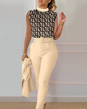 Office Elegant Sleeveless Print Shirt Pant Set O-Neck Slim Two Piece | OWNLUXE