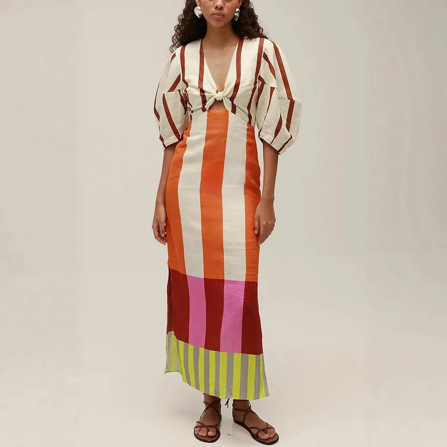 High-Waist V-Neck Linen Dress | OWNLUXE