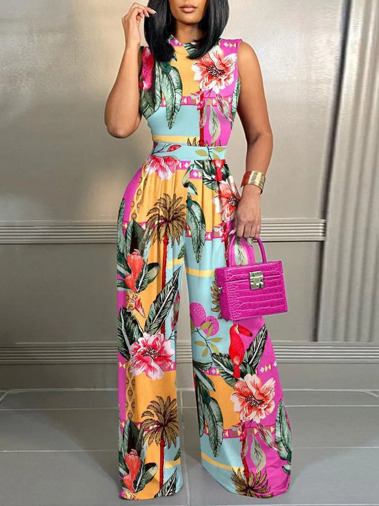 Wide-Leg Printed Sleeveless Jumpsuit | OWNLUXE