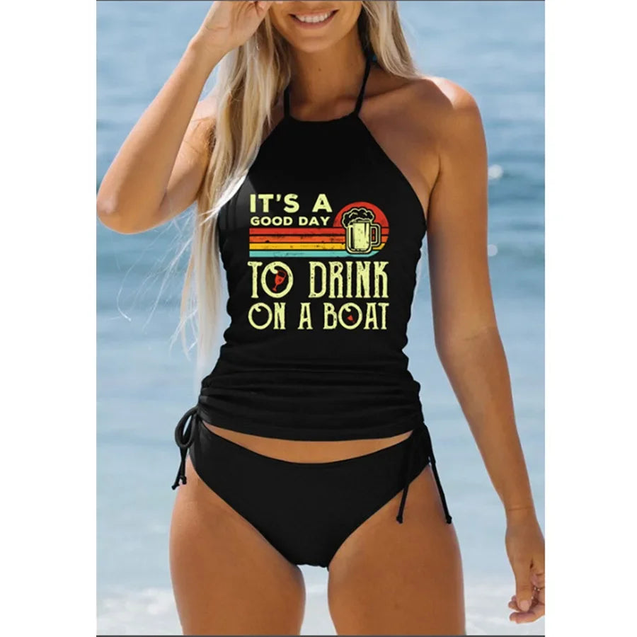 Drawstring Halter Bathing Tankini Set | OWNLUXE