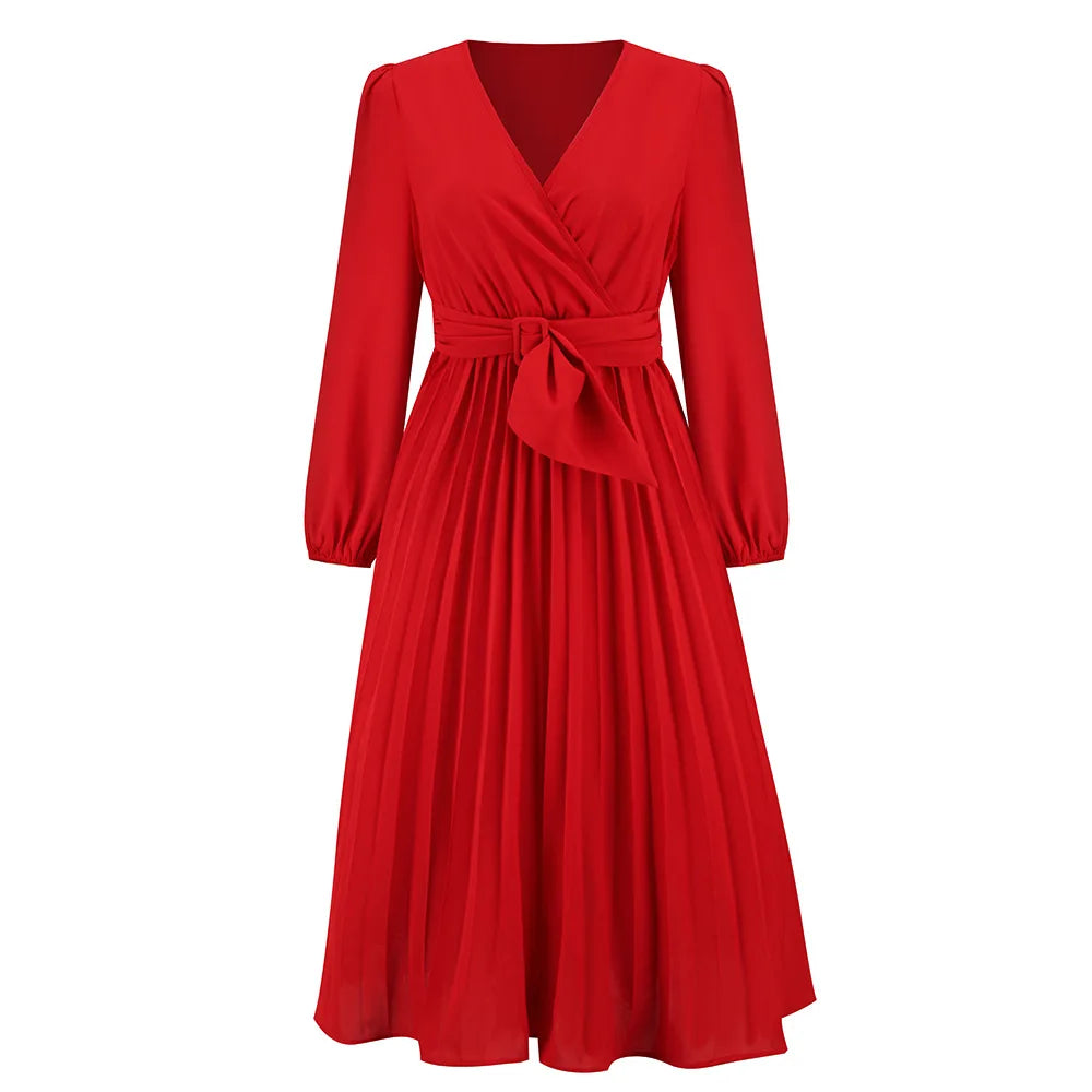 Slim-Fit A-Line Mid-Calf Dress with Lantern Sleeves and Sashes – Office Lady Autumn/Winter