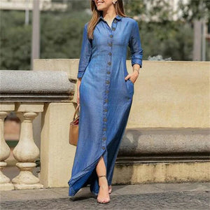 Loose-Fit Floor-Length Jersey Dress with Turn-Down Collar & Pockets – All-Season