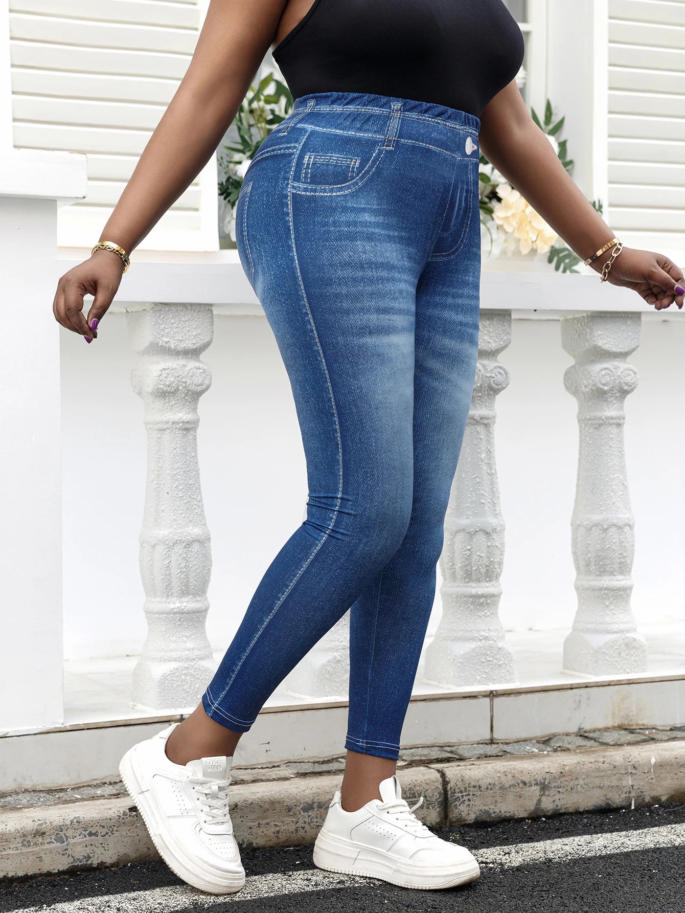 Plus Size Imitation Jeans Leggings - Vintage Wash Stretchy Pants