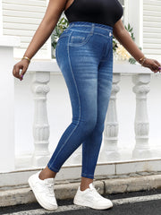 Plus Size Imitation Jeans Leggings - Vintage Wash Stretchy Pants