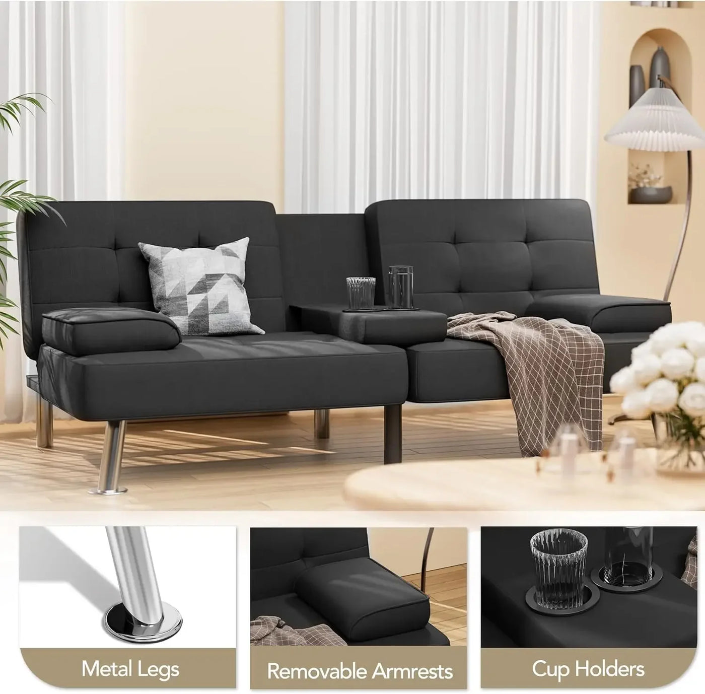 Modern Linen Convertible Futon Sofa Bed with Cup Holders