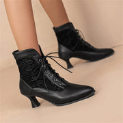 Women’s Retro Lace-Up Ankle Boots – Pointed Toe Hoof Heel