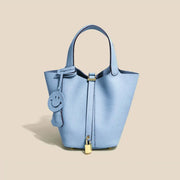 Genuine Cowhide Leather Bucket Bag - Fashion Lock Handbag with Phone Pocket | OWNLUXE
