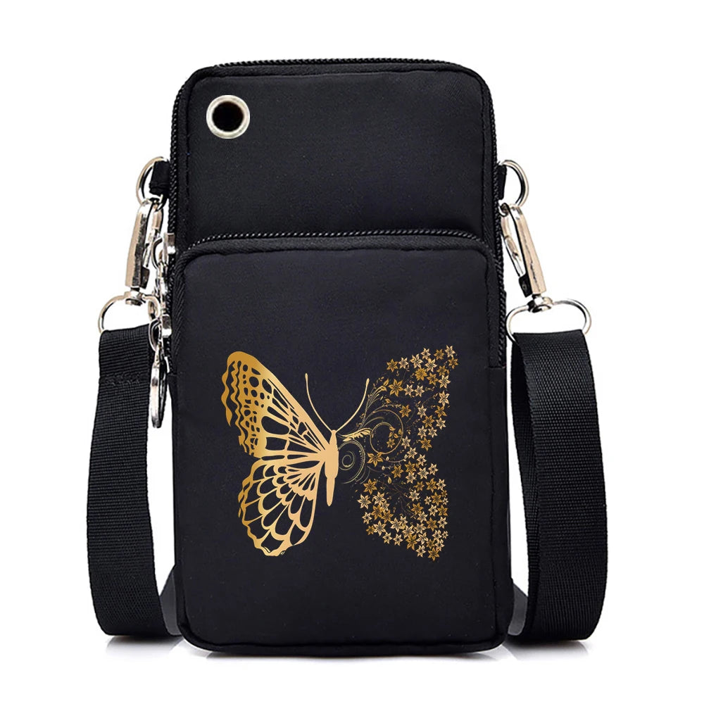 Mini Nylon Phone Crossbody Bag – Butterfly Print Neck Pouch with Zipper