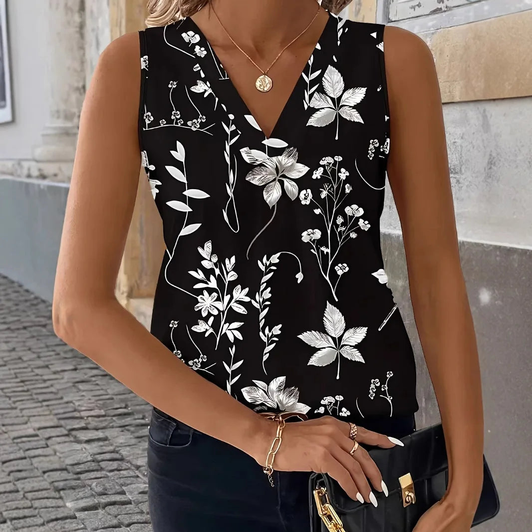 Floral Sleeveless V-Neck Top – Lightweight Knit Essential