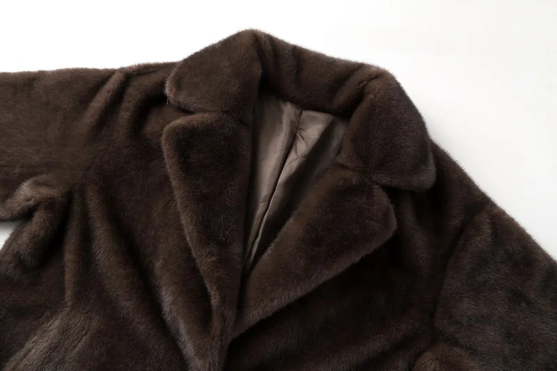 Neo Mint Luxury Faux Mink Fur Coat - Women's Long Winter Overcoat with Crystal Hooks