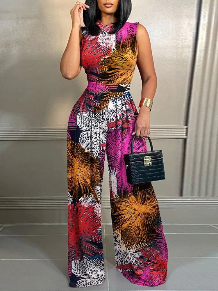 Wide-Leg Printed Sleeveless Jumpsuit | OWNLUXE