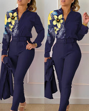 Elegant Print Shirt Pants Two Piece Set Long Sleeve High Waist | OWNLUXE