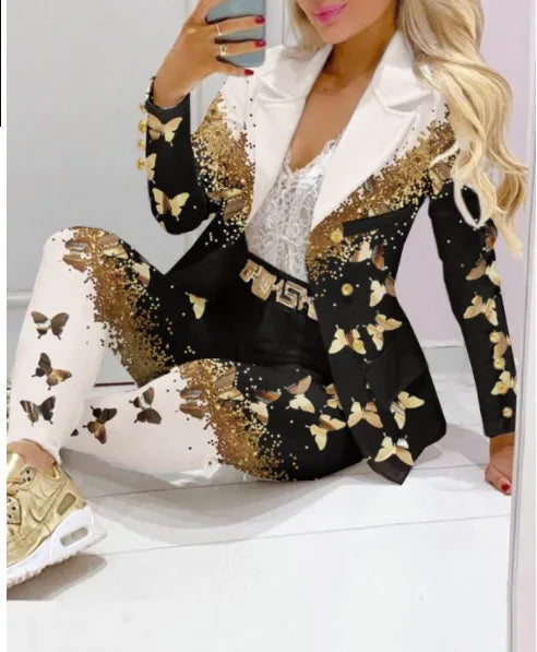 Spring Autumn Fashion Blazers Pant Sets Long Sleeve Print Coat Two Piece | OWNLUXE