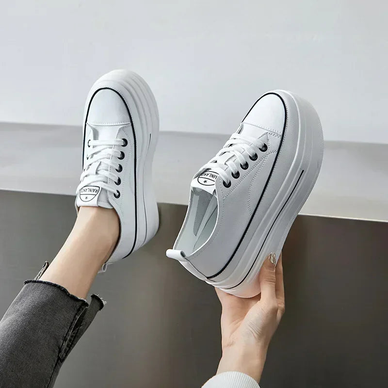 Women's Genuine Leather High Heel Street Sneakers