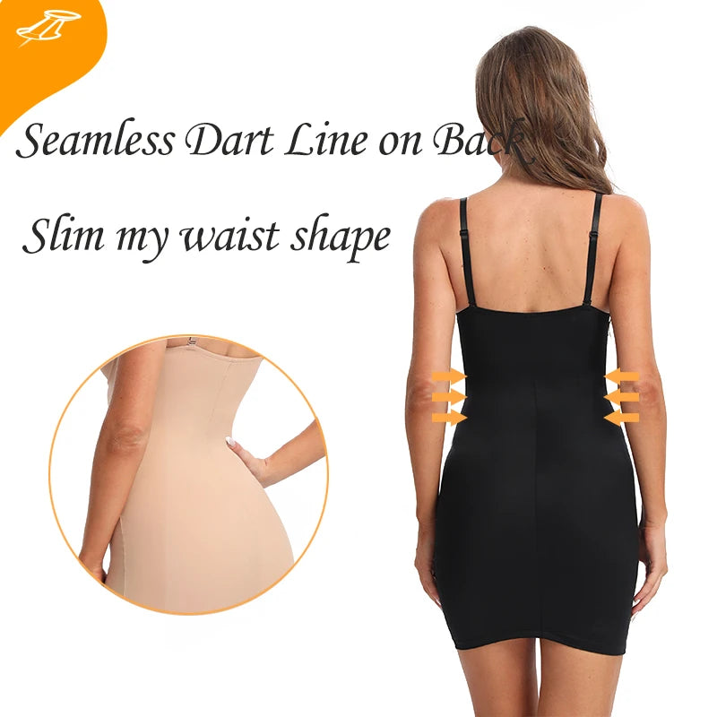 Full Length Shapewear Slip Dress - Slimming Body Shaper with Underwire Support