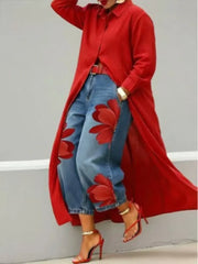 Floral High-Waist Relaxed-Fit Cropped Jeans | OWNLUXE