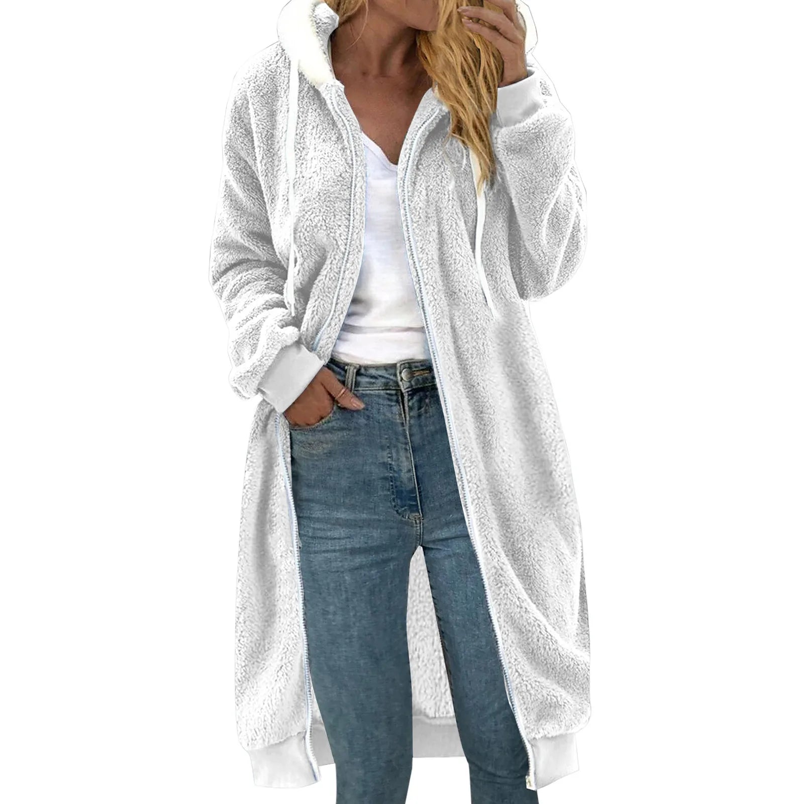 Women's Plus Size Color Block Plush Hoodie – Warm Zipper Sweatshirt Coat