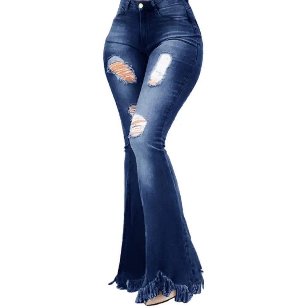 Women’s High-Waisted Ripped Flare Jeans with Tassel Hem