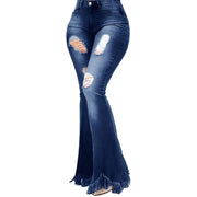 Women’s High-Waisted Ripped Flare Jeans with Tassel Hem
