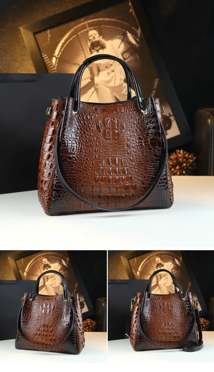 Genuine Leather Crocodile Print Tote - 2025 Trend Bucket Bag