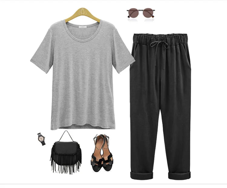 Cotton Linen Pants - Elastic Waist Ankle Length Casual Trousers