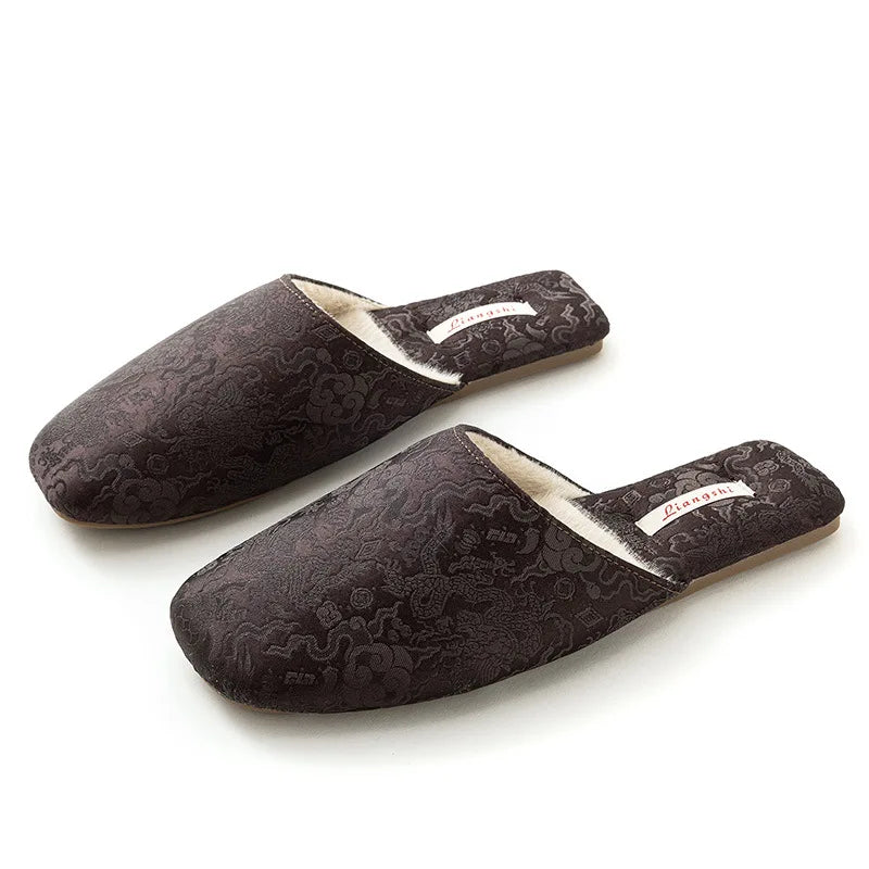 Plush Embroidered House Slippers with Rubber Sole