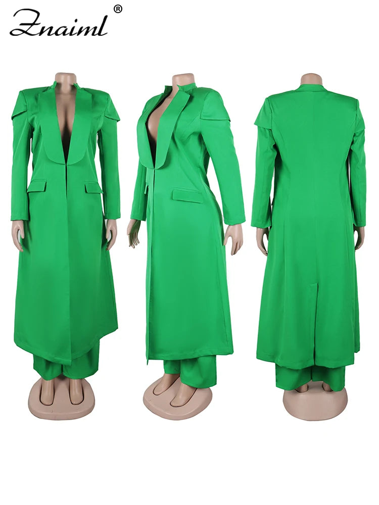 Women’s Woven Office Set – Long Top & Wide-Leg Pants