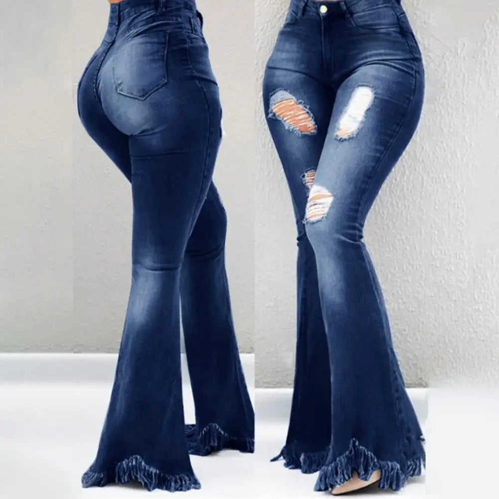 🔥 High-Waisted Ripped Flare Jeans with Tassel Hem | Jean évasé taille haute déchiré avec ourlet à franges 🔥