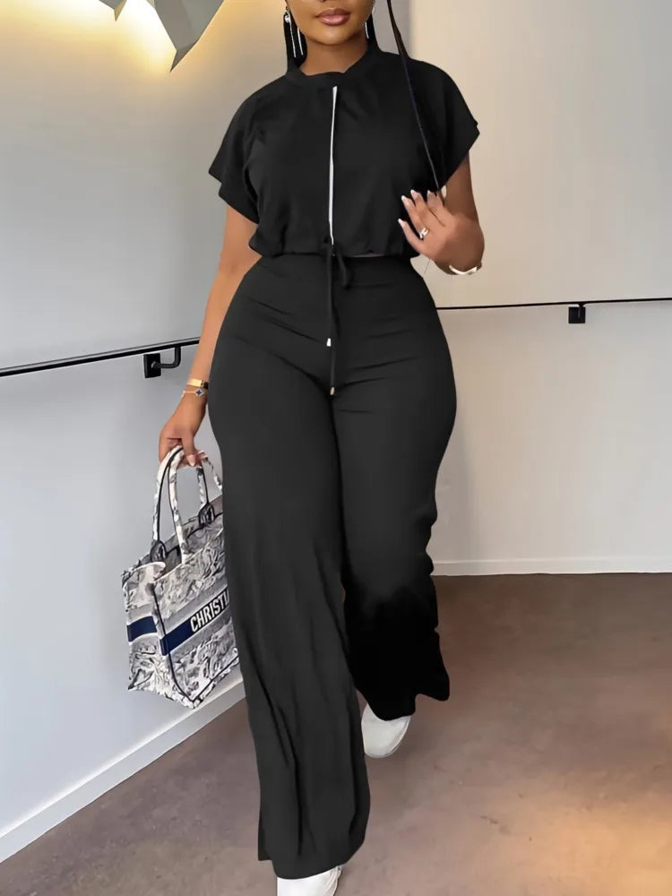 Women’s 2-Piece Lace-Up Top & Wide-Leg Pants Office Set