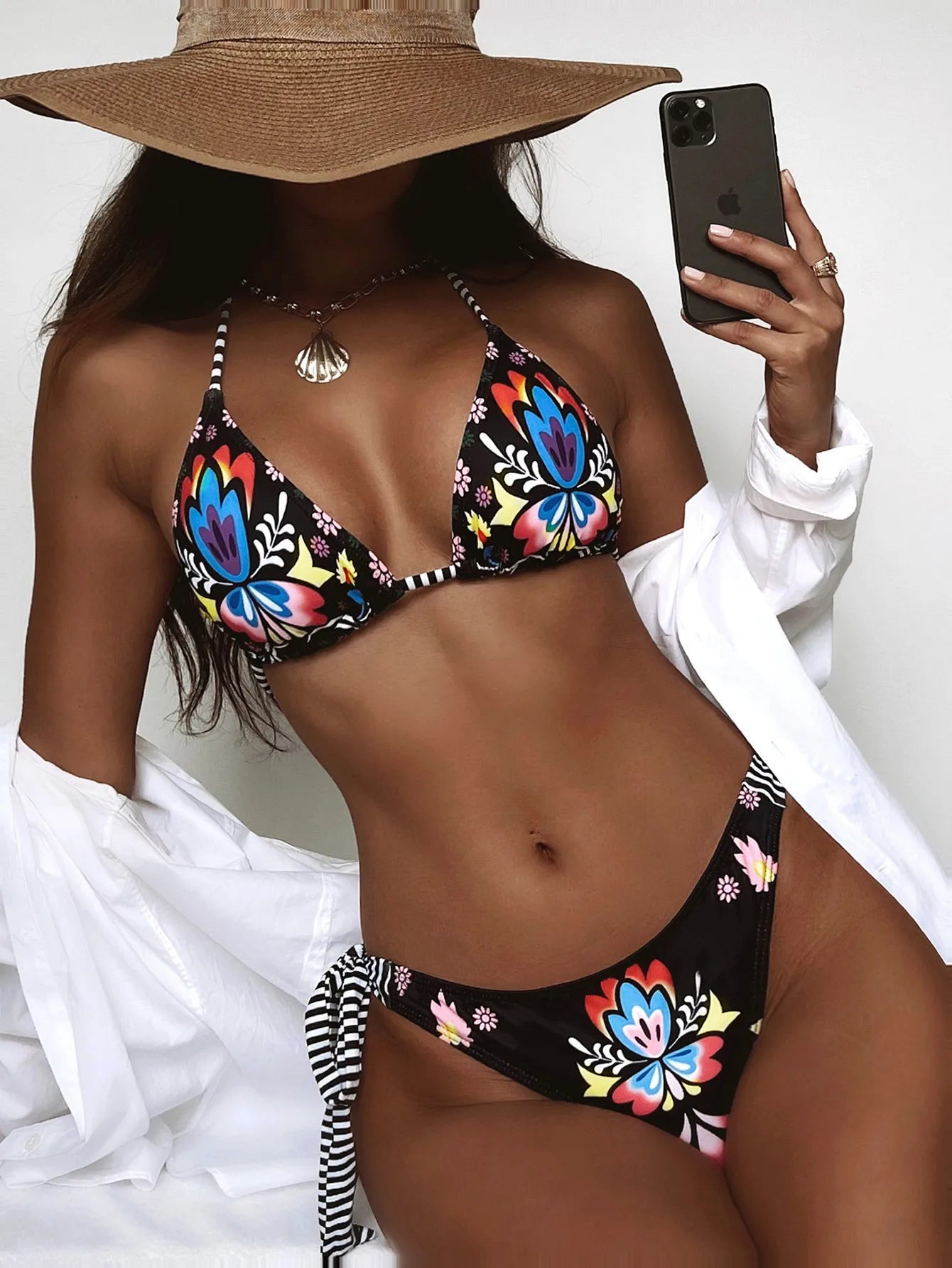 Floral Halter Neck Bikini Set – Low-Waist, Lace-Up