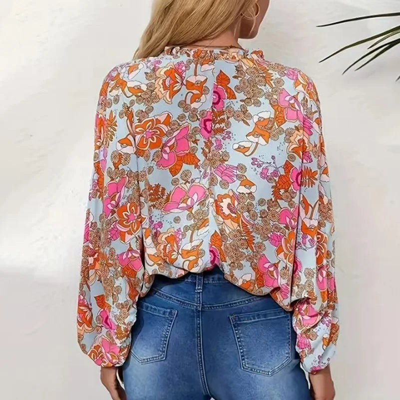 Floral V-Neck Extended-Size Ruffle Top | OWNLUXE