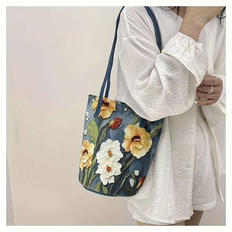 Spacious Oxford Fabric Floral Bucket Bag | OWNLUXE