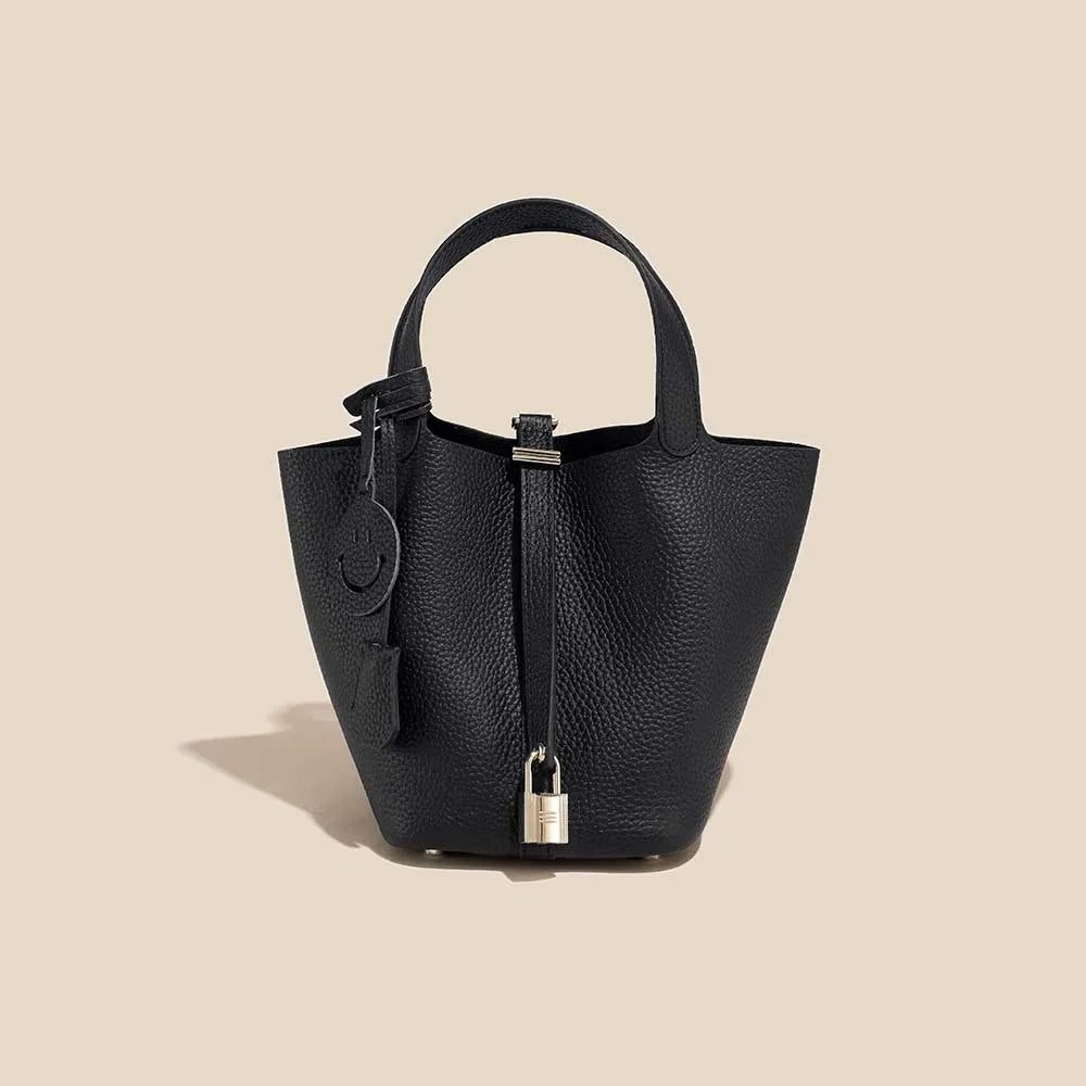 Genuine Cowhide Leather Bucket Bag - Fashion Lock Handbag with Phone Pocket | OWNLUXE