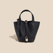 Genuine Cowhide Leather Bucket Bag - Fashion Lock Handbag with Phone Pocket | OWNLUXE