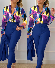 Elegant Print Shirt Pants Two Piece Set Long Sleeve High Waist | OWNLUXE