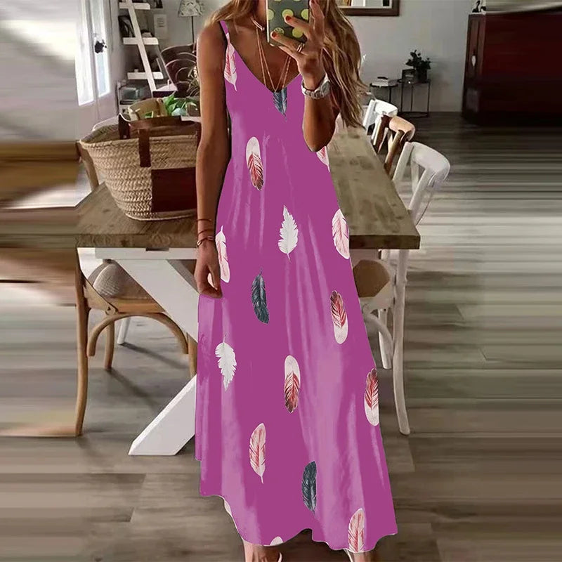 Elegant Printed Ankle-Length Beach Dress – Loose Fit V-Neck Camisole