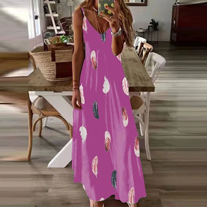 Elegant Printed Ankle-Length Beach Dress – Loose Fit V-Neck Camisole