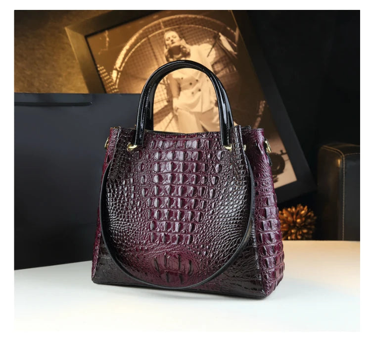 Genuine Leather Crocodile Print Tote - 2025 Trend Bucket Bag