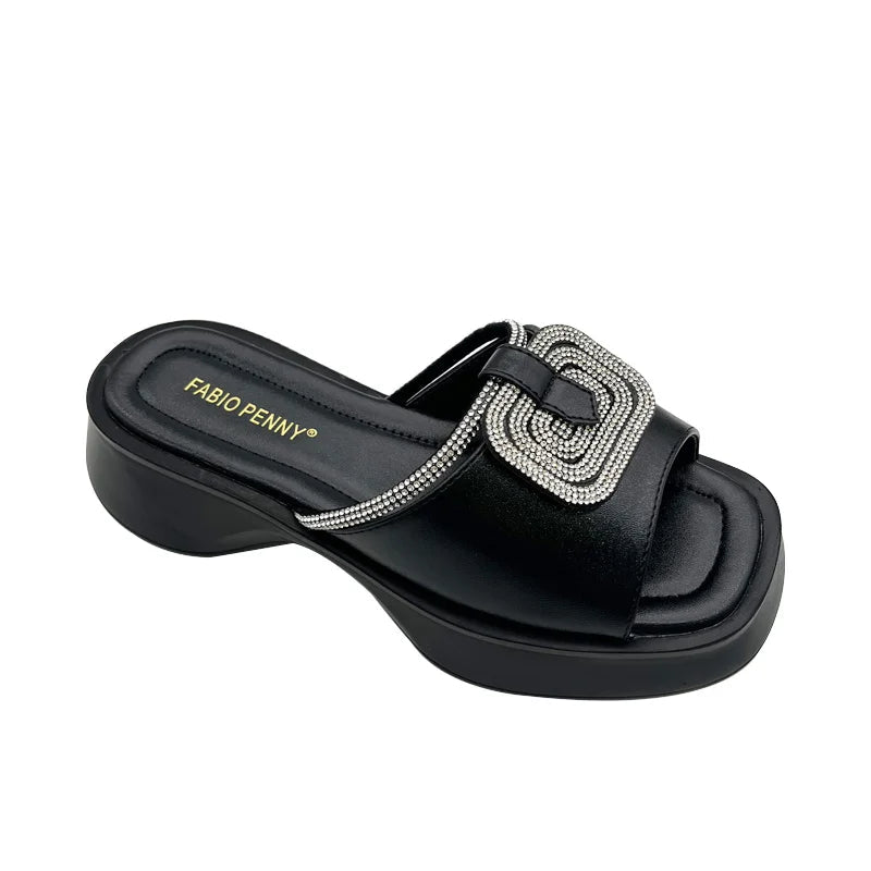 Women’s Mid Heel Slide Sandals – Cushioned Mixed-Color