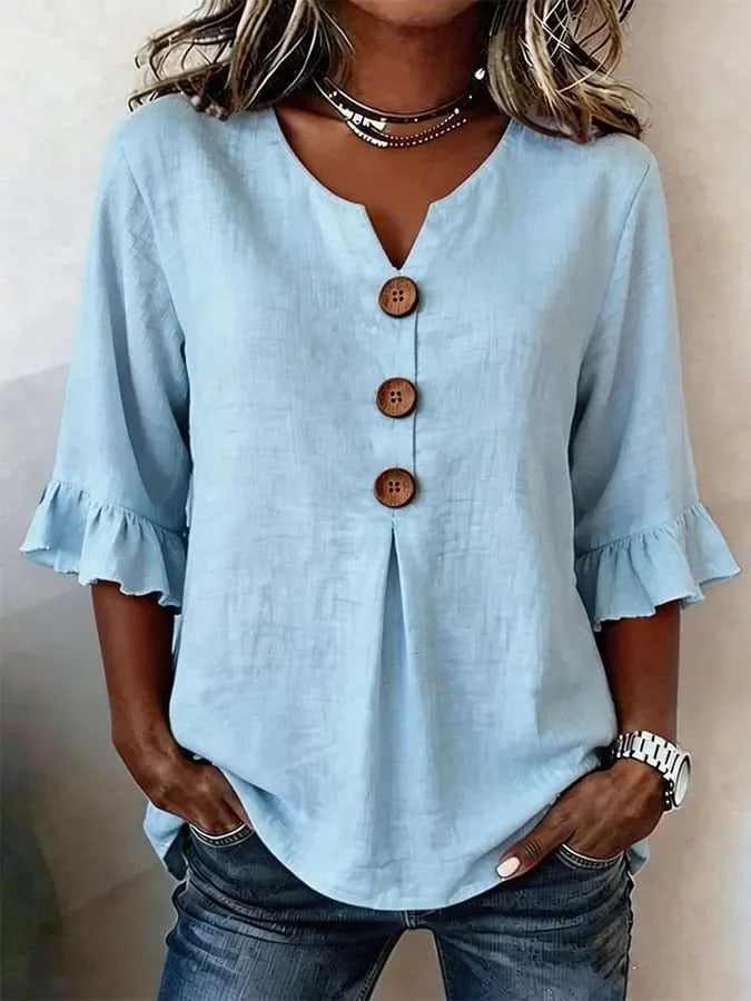 Button V-Neck Linen Lightweight Blouse | OWNLUXE