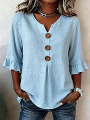 Button V-Neck Linen Lightweight Blouse | OWNLUXE