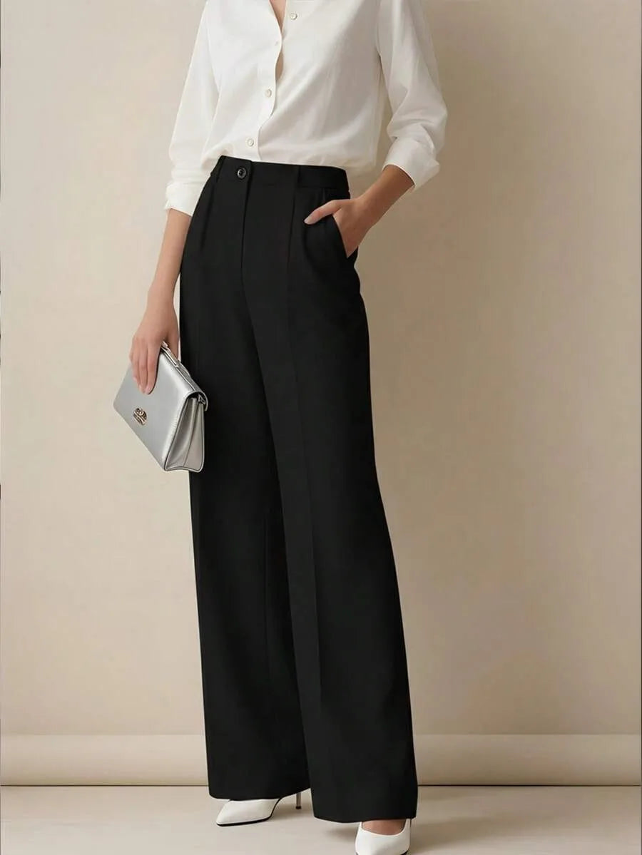 Women's High Waist Work Trousers - Casual Loose Fit Pants with Pockets