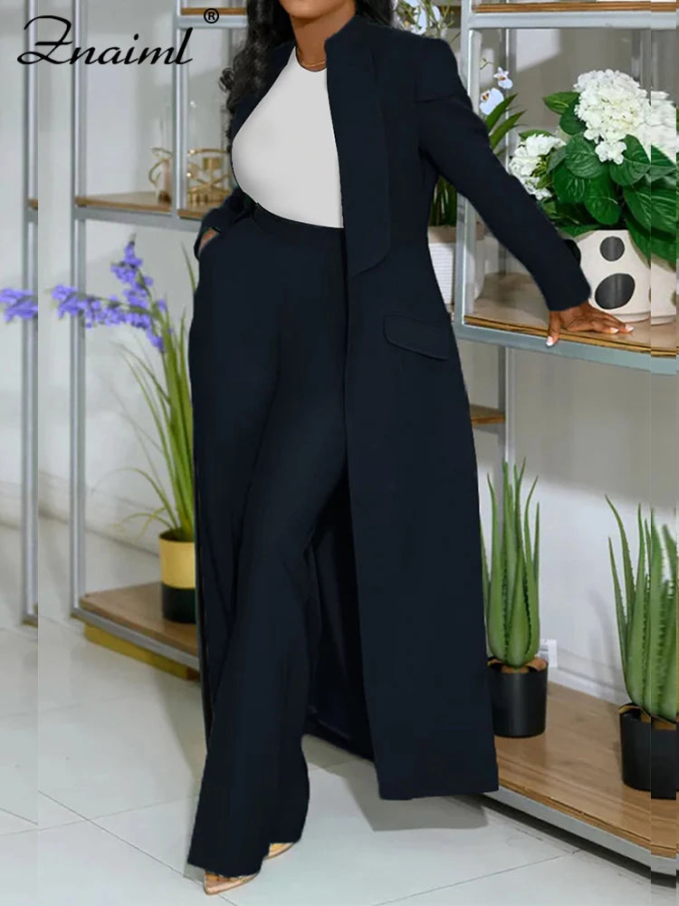 Women’s Woven Office Set – Long Top & Wide-Leg Pants