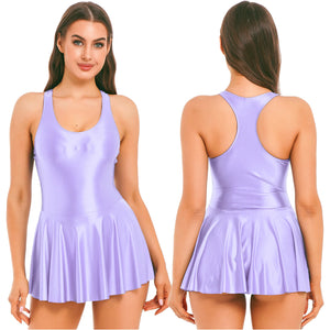 Women's Swimsuit U Neck Leotard Dresses Sportswear Swimwear Glossy Tank Dress One-Piece Sleeveless Yoga Ballet Dance Costume